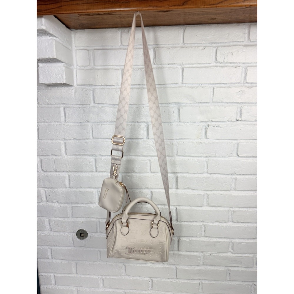 Juicy Couture Mini Bowler Satchel Crossbody Ivory Embossed Logo Bag Charm